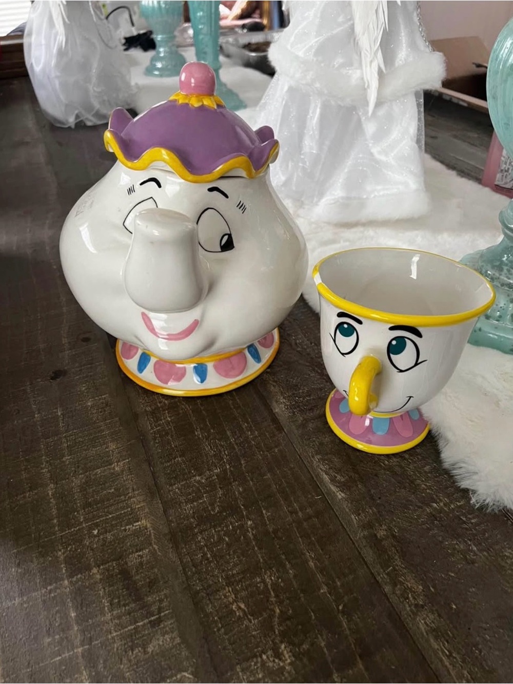 Pastel White Ceramic Teapot and Teacup Set with Purple Lid